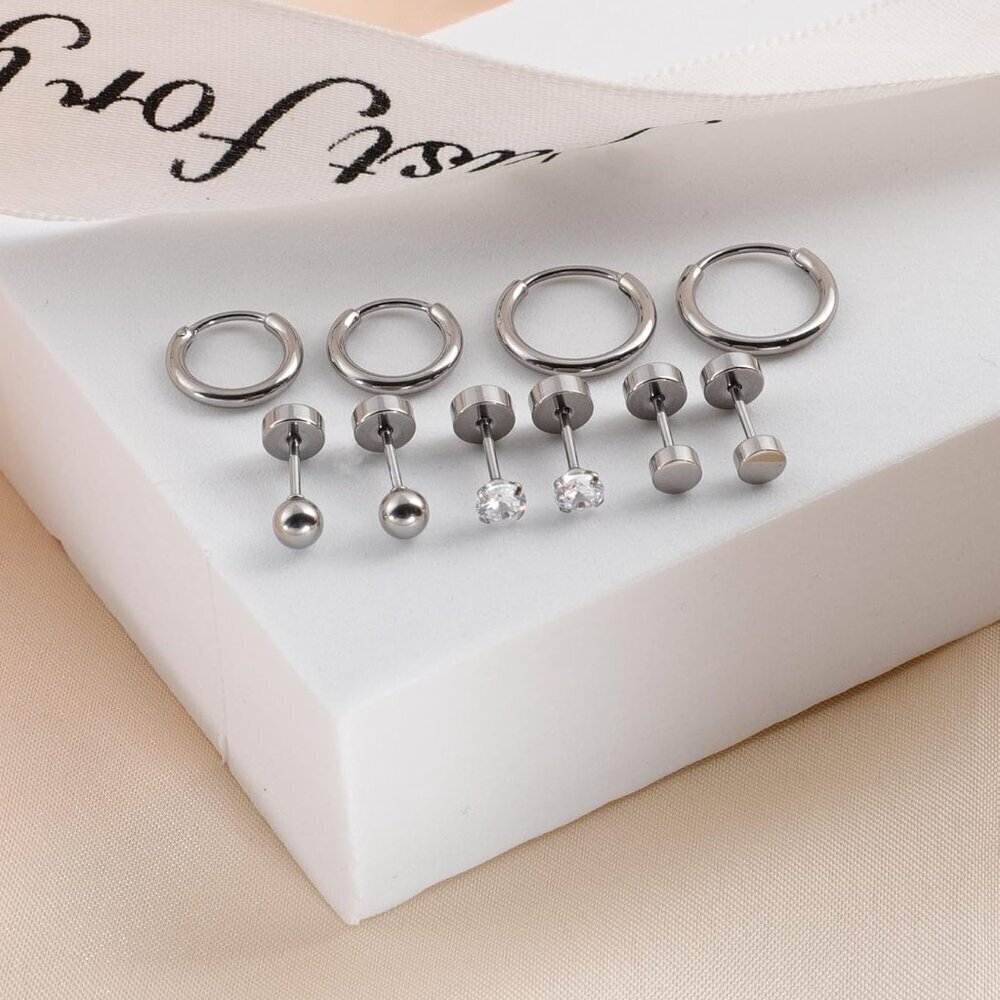5 Pairs Titanium Earrings Set Hypoallergenic Stud Hoop Jewelry for Sensitive Ear - Picture 3 of 8
